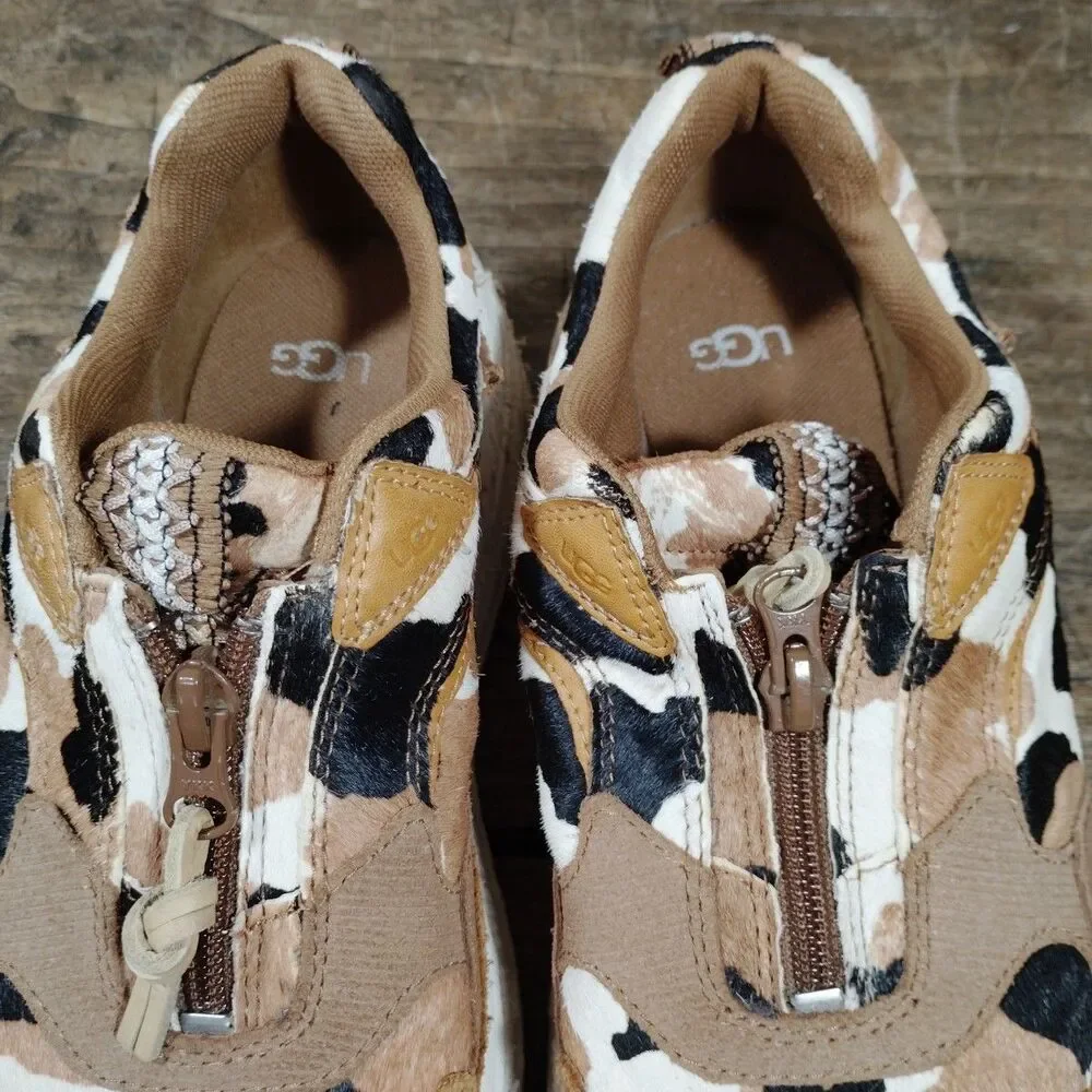 Ugg Sneakers 7.5 Cow Print 1120717 Brown Black Cream Zip Shoes Platform Suede